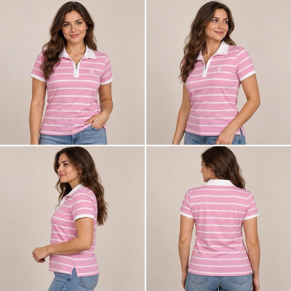 LRL Lauren Active Women’s XL Pink White Stripe Quarter Zip Polo Shirt